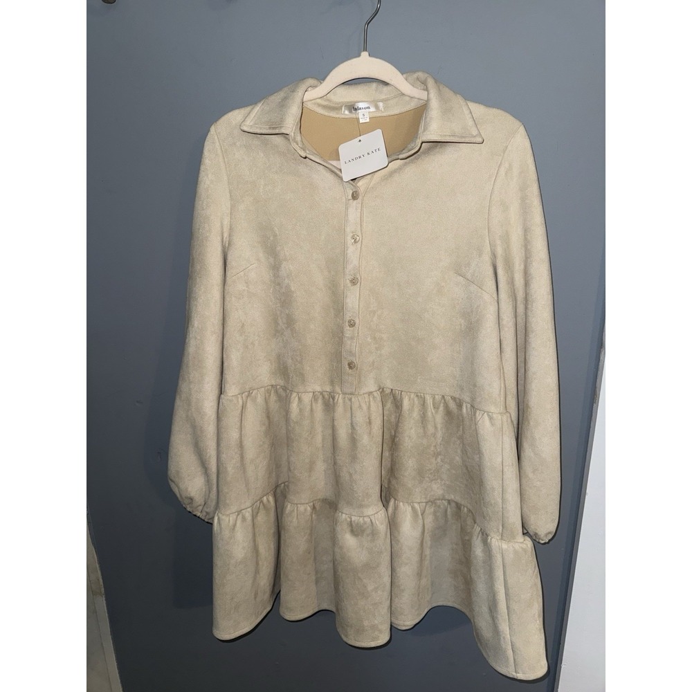 Lalavon Corduroy Tiered‎ Long Sleeve Mini Dress in Cream Small NWT